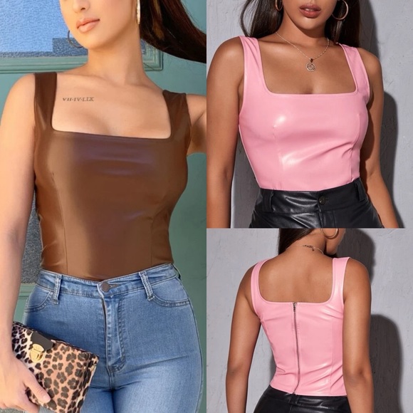 Tops - Pink/brown Square Neck Zipper Back PU Tank Top